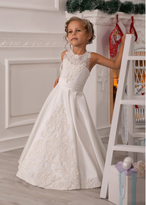 Beaded Ivory Lace Satin Royal Wedding Flower Girl Dress